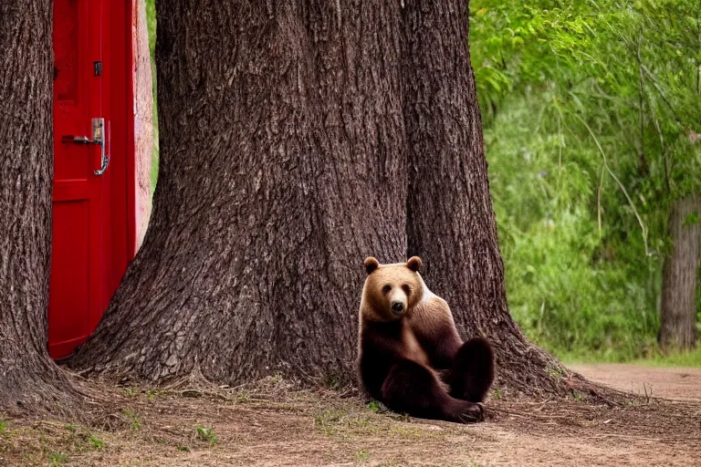 Prompt: grizzly wearing a red shirt sitting outside big tree with a red door by Roger Deakins