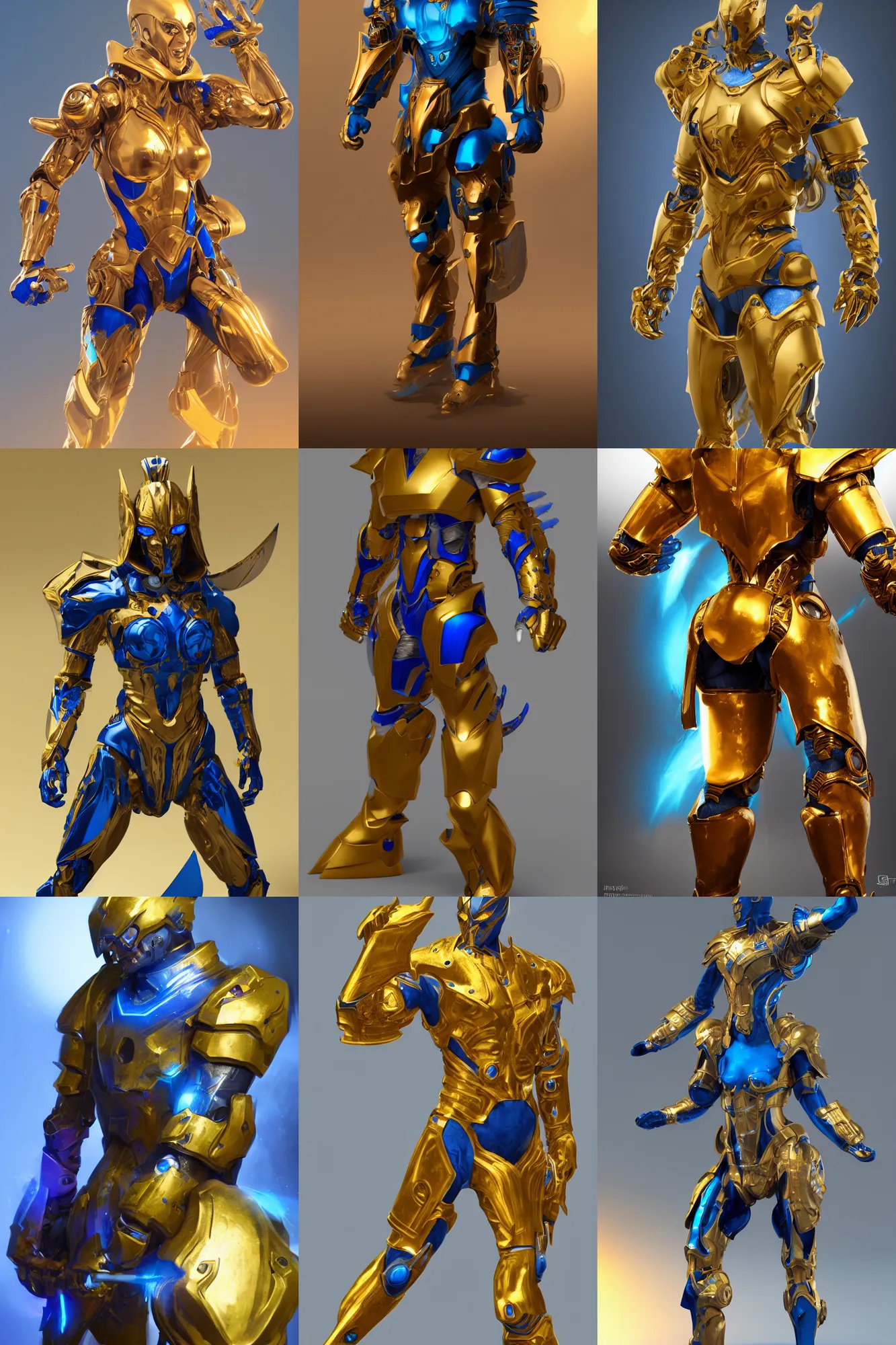 Prompt: sleek golden cyborg warrior with blue energy in between armor, high quality 3D render, concept art, ryan meinerding, 4K, UHD, High quality, Trending on Artstation HQ