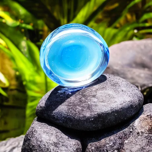 Image similar to perfume bottle on a rock floating in the blue reflective sea surrounded by big tropical leaves, fauna and flora, bright blue skies, zen, light, modern minimalist daytime f 2 0 clean and fresh