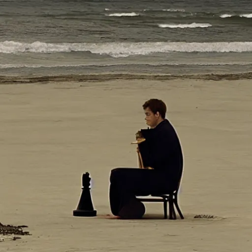 Image similar to Magnus Carlsen plays chess against the Grim Reaper on a beach, The Seventh Seal, 4k