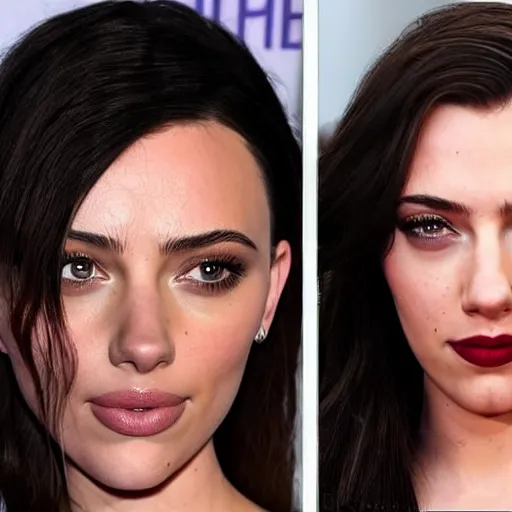 Image similar to a woman who is a genetic combination of kim kardashian and kat dennings and scarlett johansson and margot robbie and emma watson, face and upper - body focus, detailed eyes