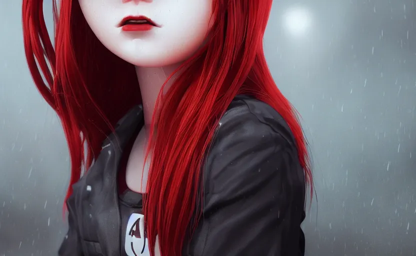 Image similar to school girl portrait, red hair, gloomy and foggy atmosphere, octane render, cgsociety, artstation trending, horror scene, highly detailded