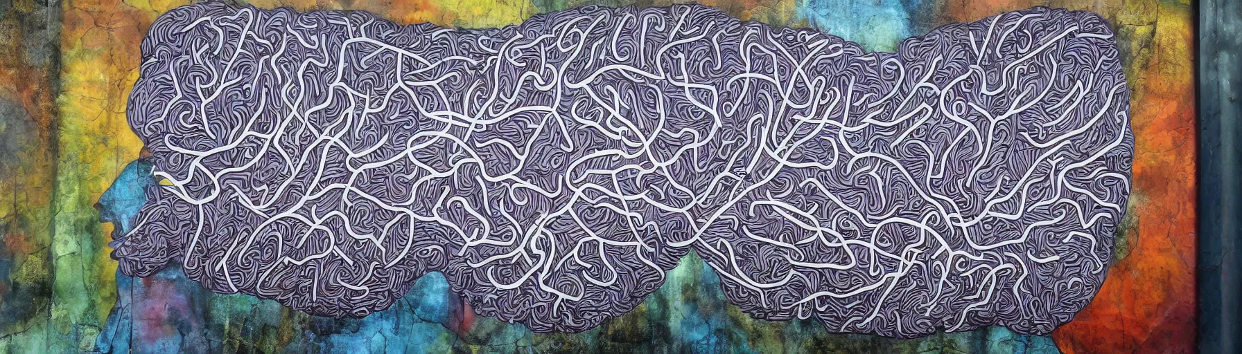 Prompt: surreal science fiction mural of a brain having a mind-blowing realization design by Seth McMahon,