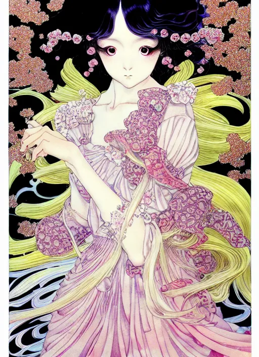 Prompt: exquisite imaginative manga poster of a fairy princess, long wavy hair, rococo ruffles dress, shimmering, by takato yamamoto, ayami kojima, shigenori soejima, minaba hideo, katsuhiro otomo, jump comics, illustration, artstation, highly detailed, 8 k, fluorescent, fluorescent, maximalist