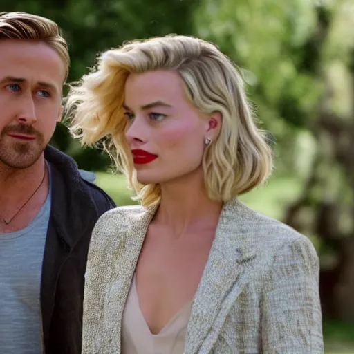 Image similar to still of ryan gosling and margot robbie, in a muet movie