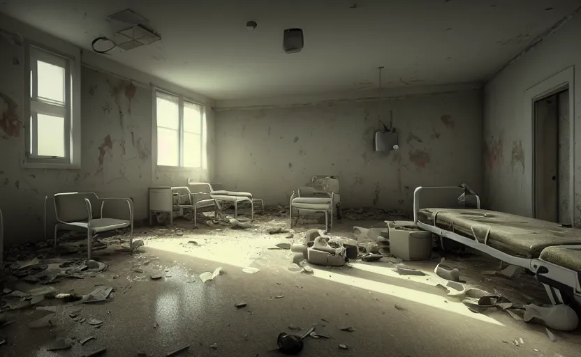 Prompt: an abandoned hospital room, octane render, artstation trending, highly detailded