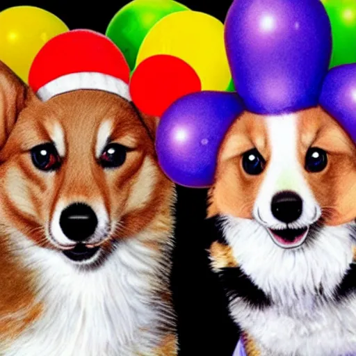 Prompt: Corgi on shrooms fights scary clowns