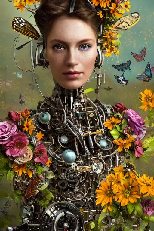 Prompt: a beautiful intricate fine art portrait photo of a a mechanical industrial steampunk cybernetic robot and a human overgrown with colorful flowers, leaves and butterflies by tom bagshaw and zach sutton, perfection!, eyes with catchlight, golden ratio composition, studio lighting, 50mm lens, very detailed, bionic, cybernetic scifi, deep depth of field, artstation, 8K, highly coherent