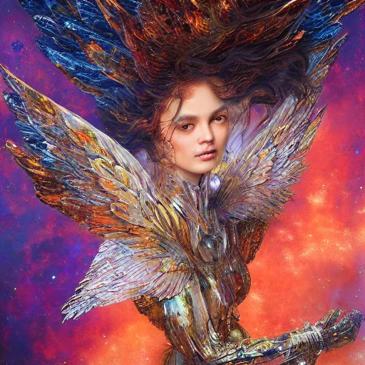 Image similar to UHD hyperrealistic photorealisitc, detailed cosmic robot with real angel wings, by Karol Bak, Ayami Kojima and Adrian Ghenie, tonalism, rich deep colors masterpiece