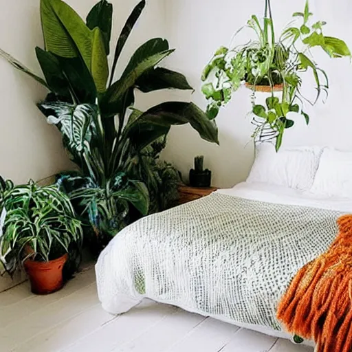 Image similar to “ a boho studio room with lots of green plants, orange throw pillows, white bunk bed ”