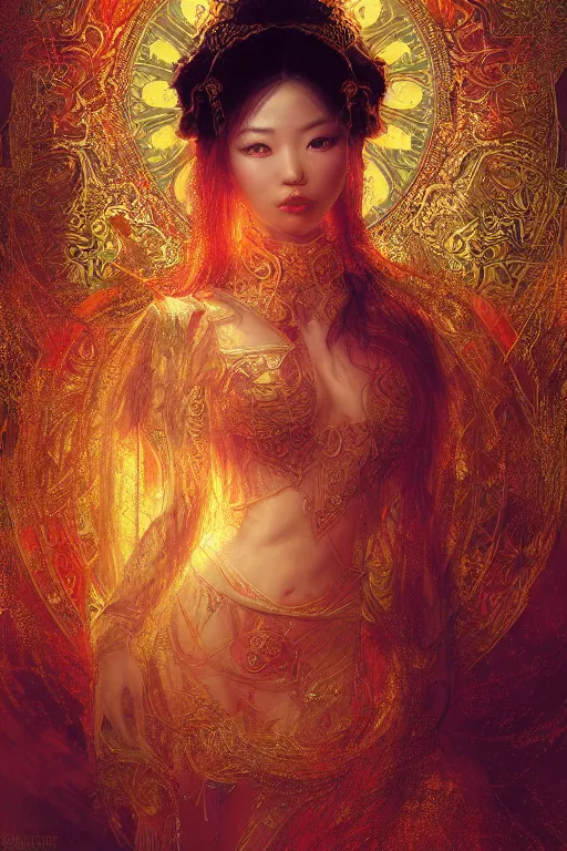 Image similar to tarot card artstation, portrait of an asian love dancer, sunrise, baroque ornamnet and rococo ornament, ancient chinese ornate, hyperdetailed, beautiful lighting, craig mullins, mucha, klimt, yoshitaka amano, red and gold and orange color palatte