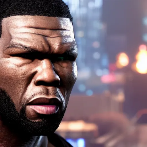 Prompt: a videogame still of 50 Cent in Tekken 7, portrait, 40mm lens, shallow depth of field, close up, split lighting, cinematic