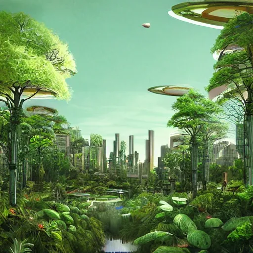 Image similar to Beautiful city of the future, overgrown with trees and plants. Nice colour scheme, warm colour. Grainy. Beautiful artistic digital artwork by artist Lurid. (2022)