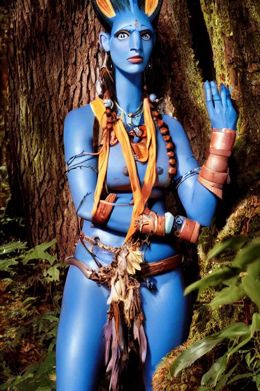 Image similar to a german woman dressed as a blue-skinned female navi from avatar standing in a forest, high resolution film still, 8k, HDR colors, cosplay, outdoor lighting, high resolution photograph, photo by bruce weber