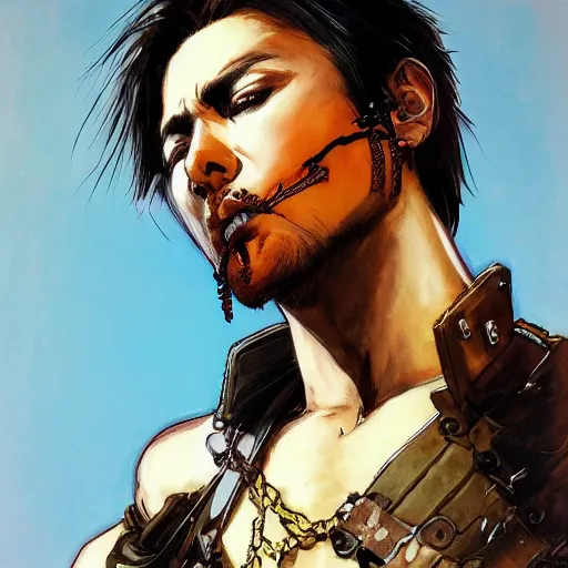 Prompt: portrait of a hero holding his sword in front of his face by yoji shinkawa, high quality, extra details, realism, ornate, colored, golden chain, blood, white skin, short hair, brown eyes, vivid, sunlight, dynamic, american man, freedom, white american soldier, painting, hidden face, twin snakes