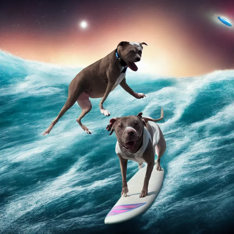 Prompt: photo of a female pit bull with a gray coat and white paws, surfing on a surfboard in a crashing wave of alien ocean in space, background is an alien galaxy, aliens in the background, alien colors, octane render, unreal engine, wide view, 8 k, high detaild