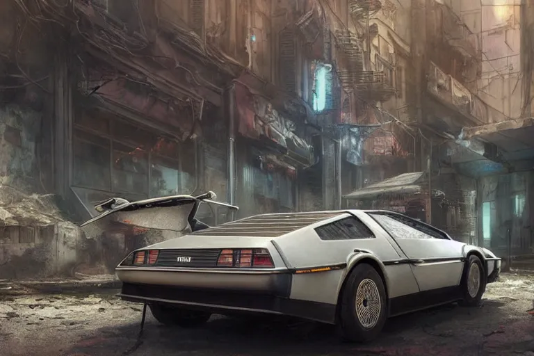 Image similar to highly detailed photograph of a delorean parked on the streets of a cyberpunk abandoned city, doors are open, by greg rutkowski and stanley artgerm and alphonse mucha, octane, sharp focus, hyperrealistic, masterpiece