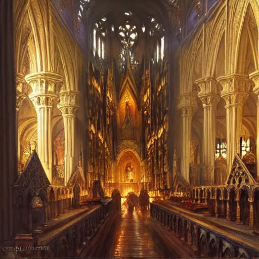 Image similar to inside a giant medieval cathedral, ornate and intricate details. highly detailed painting by gaston bussiere, craig mullins, j. c. leyendecker 8 k