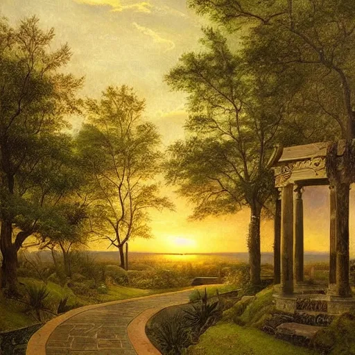 Image similar to a painting of a sunset in a park, an art deco matte painting by Edwin Deakin, pinterest, stone paths with a stone wall, pavilion, columns, vines, german romanticism, detailed painting, pre-raphaelite