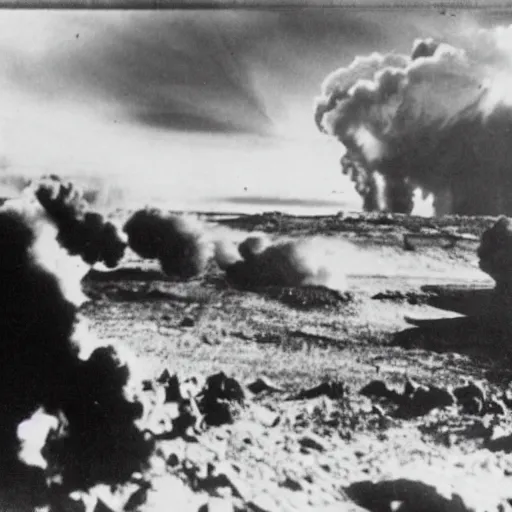 Image similar to a photo taken from inside of a trench showing a nuclear explosion in the distance, you can see the explosion's shockwave in the clouds, realistic, taken on a ww 2 camera.