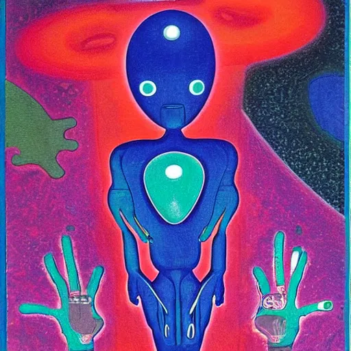 Prompt: a very strange humanoid alien on an alien world somewhere in the cosmos by kenny scharf and johannes itten,
