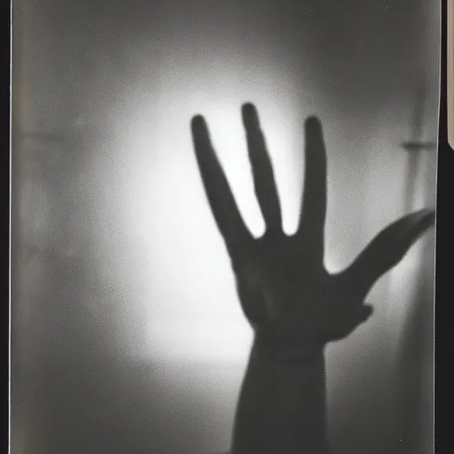 Image similar to old polaroid of a giant demon hand apearing in a dark spot of a room, black and white