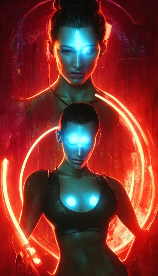 Image similar to altered carbon, young bella hadid, sweaty, tech, warhammer, neon, lord of the rings, intricate, highly detailed, digital painting, artstation, concept art, smooth, sharp focus, illustration, unreal engine 5, 8 k, art by artgerm and greg rutkowski and alphonse mucha