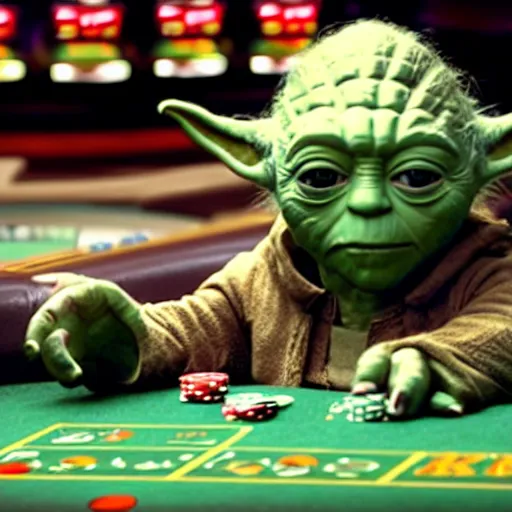 Prompt: film still of yoda gambling in las vegas casino in the new star wars movie 4 k 8 k