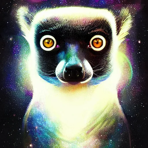 Prompt: geometric symmetrical lemur, galaxy in the background, intricate, elegant, highly detailed, digital painting, artstation, concept art, smooth, sharp focus, illustration, art by artgerm