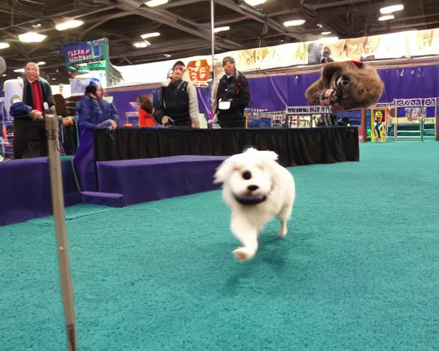 Image similar to gromit running the agility course at the westminster kennel club dog show