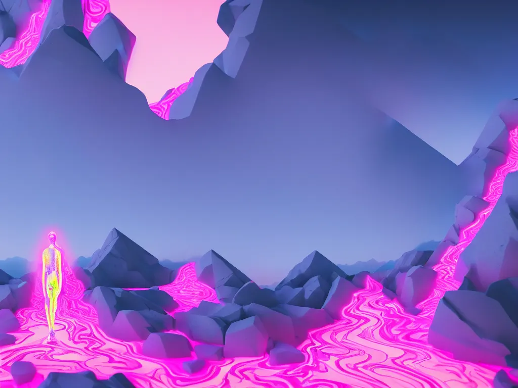 Image similar to manikin made of marble, fractal neon explosion revealing a portal to a vaporwave paracosm, mountains and city in background, rule of thirds, clean linework, dramatic, moody, introspective, cinematic, award winning, 4 k, trending on artstation, photorealistic, volumetric lighting, octane render