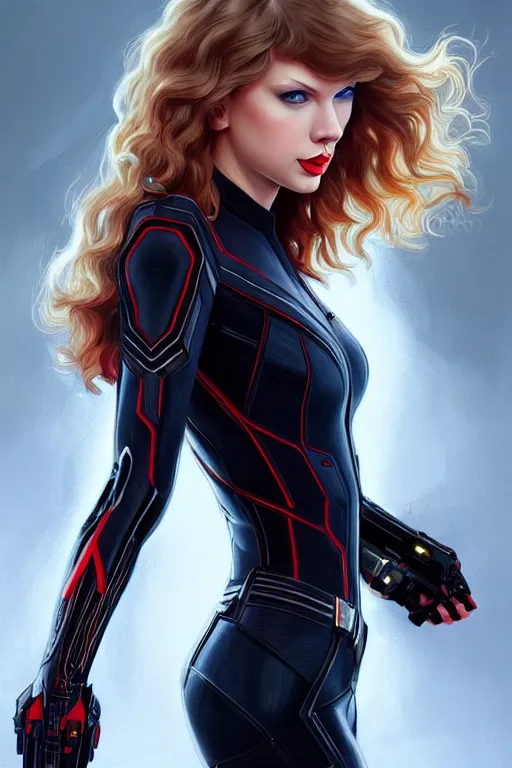 Image similar to taylor swift as black widow, realistic portrait, symmetrical, highly detailed, digital painting, artstation, concept art, smooth, sharp focus, illustration, cinematic lighting, art by artgerm and greg rutkowski and alphonse mucha