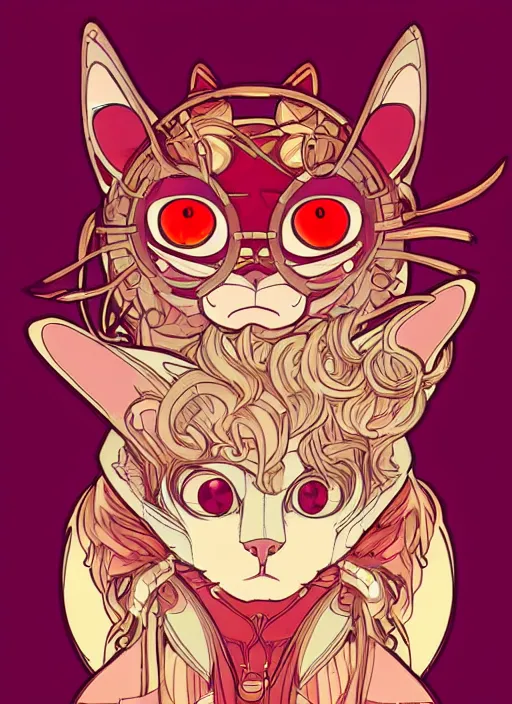 Image similar to cyber cat character design on white background, drawn by studio ghibli, alphonso mucha, lolish, trending on artstation colours red and gold