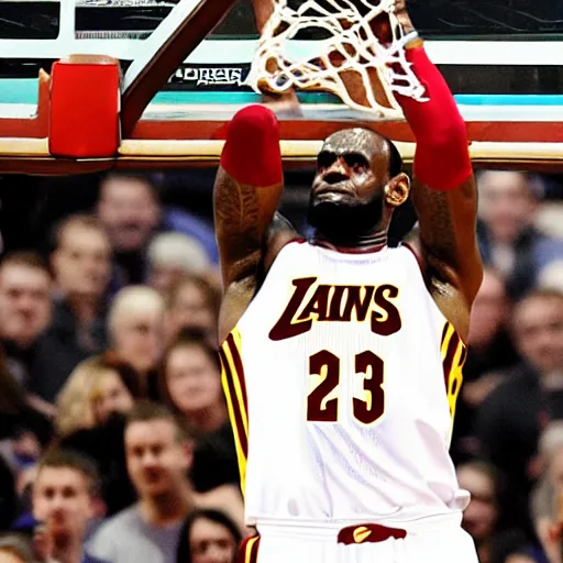 Prompt: lebron james dunking with a meatball