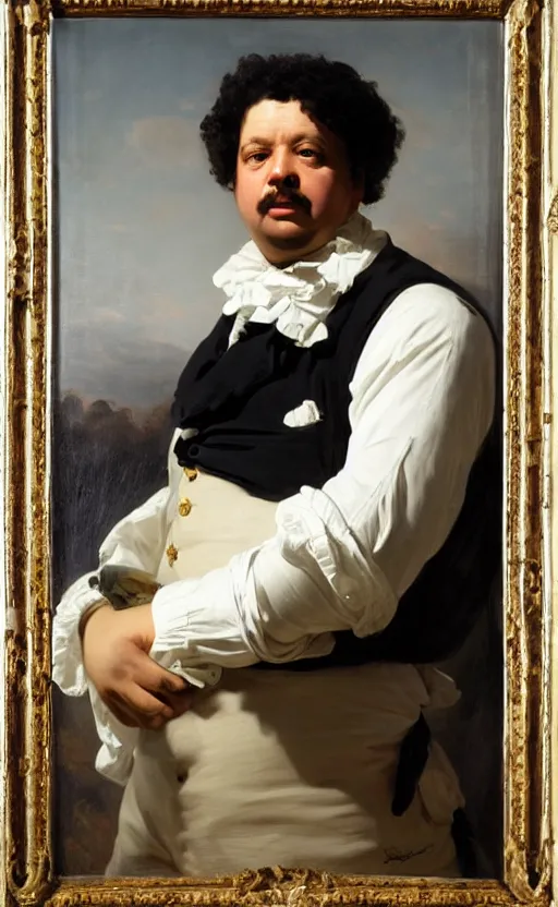 Prompt: Portrait of Alexandre Dumas, oil on canvas, highly detailed, high contrast, by Franz Xaver Winterhalter, 8k