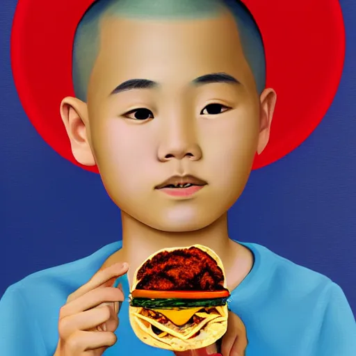 Image similar to dramatic portrait of chinese boy buzz cut, holding a taco, digital painting