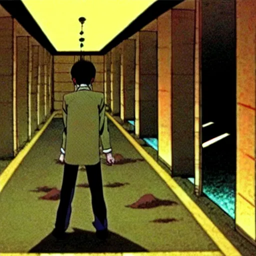 Image similar to a man enters the dream world of another man, by satoshi kon, surreal, serene