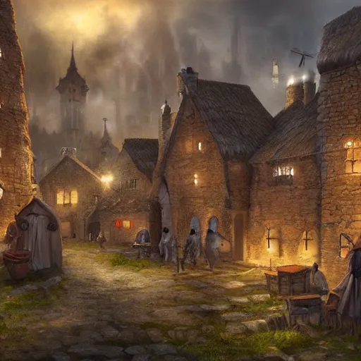 Prompt: medieval township with various workers performing different crafts, homes blacksmiths and smoked chimneys, epic, cinematic, high quality digital art, fantasy