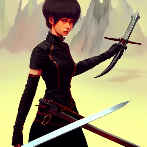 Image similar to a woman holding a sword with a dragon on it, concept art by Ilya Kuvshinov, contest winner, fantasy art, official art, concept art, high detail, experimental, high quality, hyperrealistic, 4k