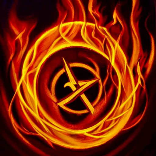 Image similar to dramatic chiaroscuro painting of an esoteric symbol, glowing with strange power. it is surrounded by a ring of flames, but remains untouched.