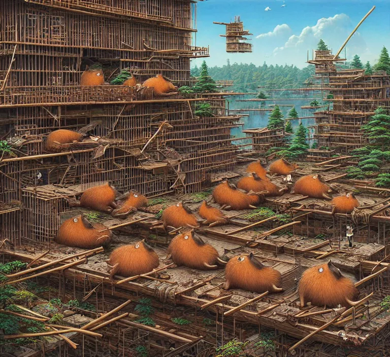 Image similar to photography hyperrealism concept art of highly detailed anthropomorphic beavers builders that building highly detailed futuristic city with sticks by hasui kawase and scott listfield sci - fi style hyperrealism