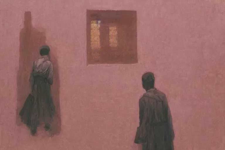 Image similar to a uyghur prisoner, in the style of beksinski, parts by edward hopper, parts by rodcenko, parts by yue minjun, intricate and epic composition, symmetrical, red by caravaggio, insanely quality, highly detailed, masterpiece, red light, artstation, 4 k