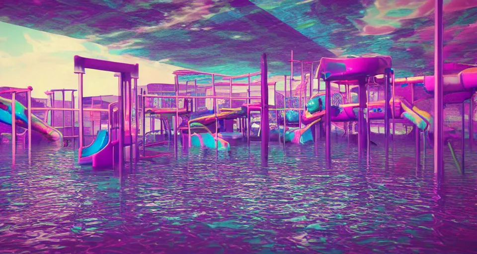 Image similar to 80s VHS vaporwave outrun 3d Render of a flooded playground, liminal space retro, grainy, noisy