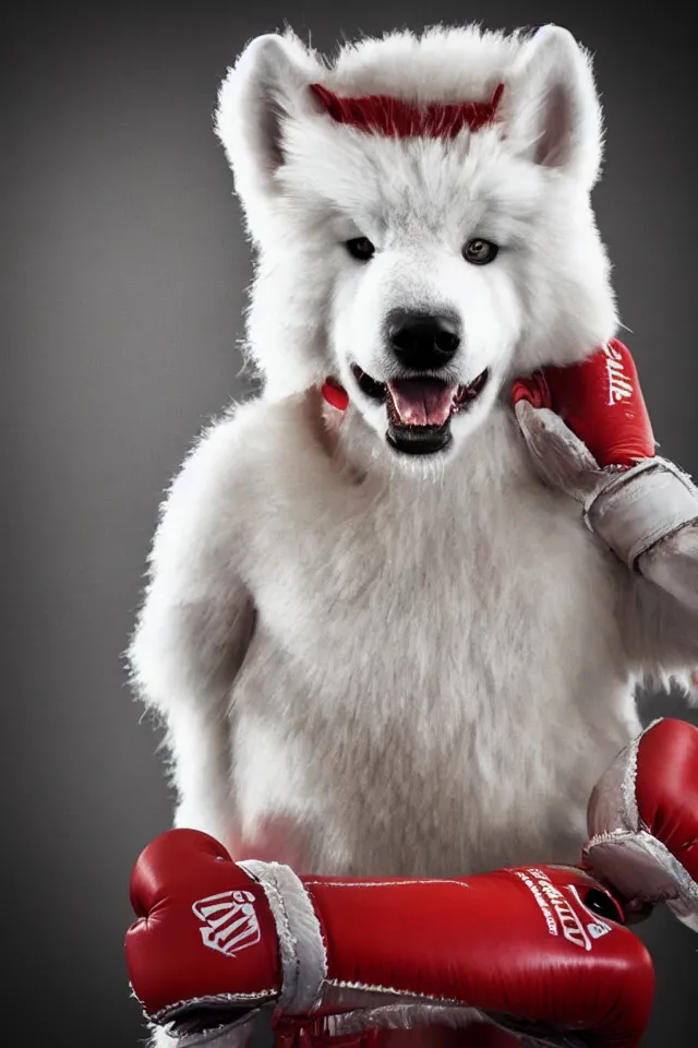 Image similar to samoyed dog head on a human body as a muay thai kickboxer, gloves on hands, Wai Kru Ram Muay, Rajadamnern Stadium, world championship fight, photorealistic, cinematic lighting, 4k