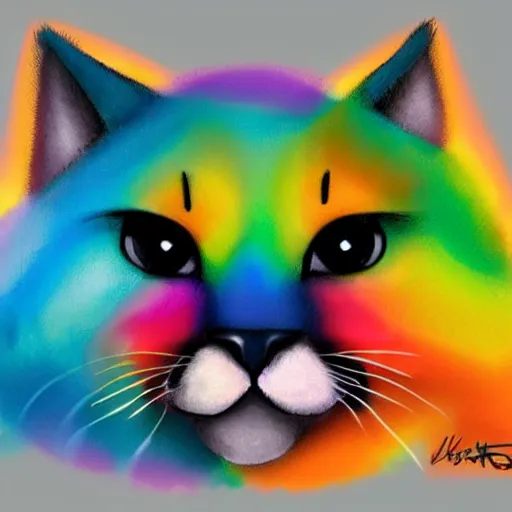 Image similar to wide angle full body, of a fluffy cute rainbow kitten wearing a black motorcycle jacket, concept art