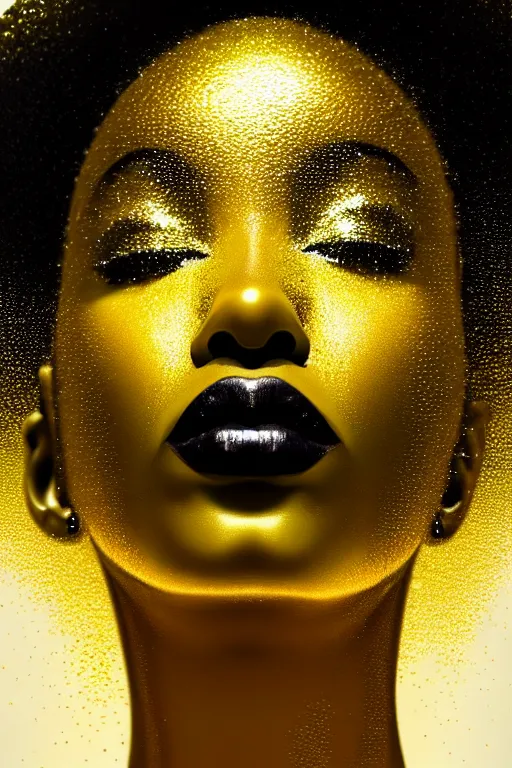 Image similar to hyperrealistic modern cinematic very expressive! profile black oshun goddess, head emerging from water, mirror dripping droplet!, gold flowers, highly detailed face, digital art masterpiece, smooth eric zener cam de leon, dynamic pearlescent teal light, low angle uhd 8 k, sharp focus