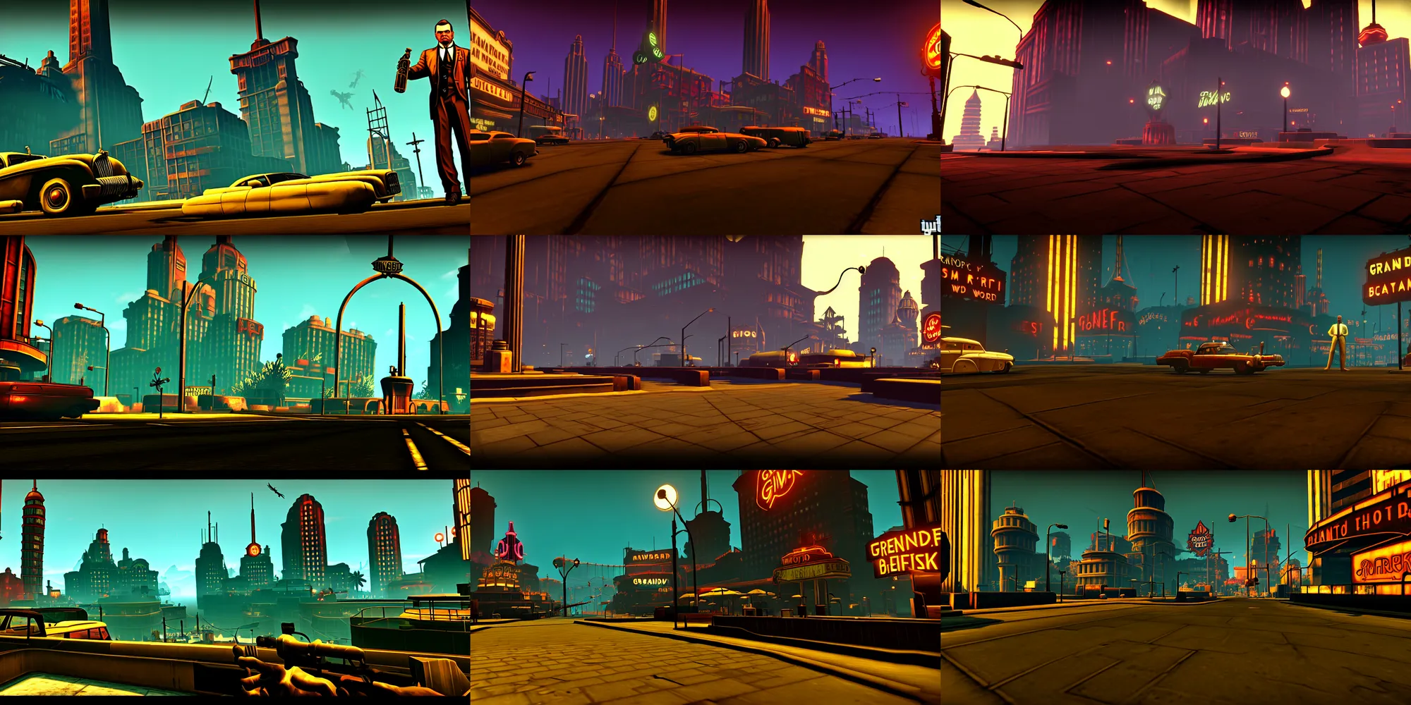 Prompt: grand theft auto screenshot taken within bioshock world section of the game, art deco