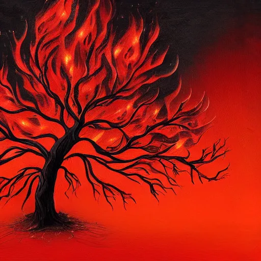 Prompt: Black flames charring the red tree, art station award winning, highly detailed