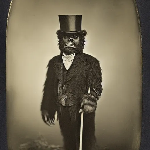 Image similar to a vintage wet plate portrait of a dignified bigfoot with a top hat and cane, extremely detailed, by george hurrell!!!!!!!!!!!!!!!!!!