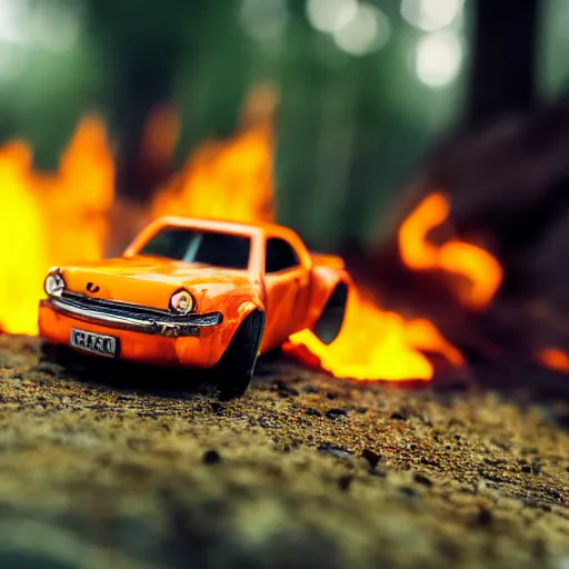 Image similar to macro photography of a toy hot wheels car driving through a forest fire, 3 5 mm